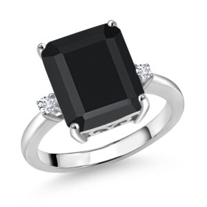 Gem Stone King 925 Sterling Silver 12X10MM Black Onyx and 2MM White Lab Grown Diamond 3 Stone Engagement Ring For Women | 5.85 Cttw | Gemstone December Birthstone | Size 7