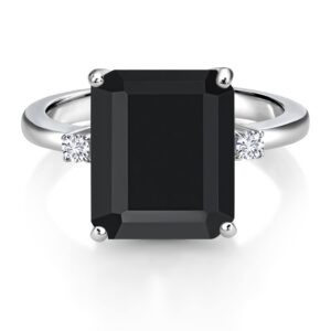 Gem Stone King 925 Sterling Silver 12X10MM Black Onyx and 2MM White Lab Grown Diamond 3 Stone Engagement Ring For Women | 5.85 Cttw | Gemstone December Birthstone | Size 7