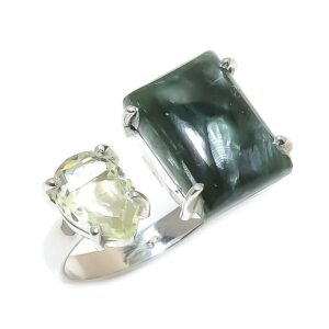 audrielle 925 sterling silver ring, seraphinite, apatite cushion shape handmade gemstone, adjustable