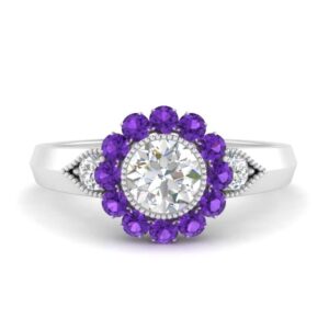 Gemsonclick Delicate Victorian Round Antique Engagement Ring sterling silver Natural Amethyst Round shape purple color Halo Engagement Rings prong setting. in Size 11 Birthstone