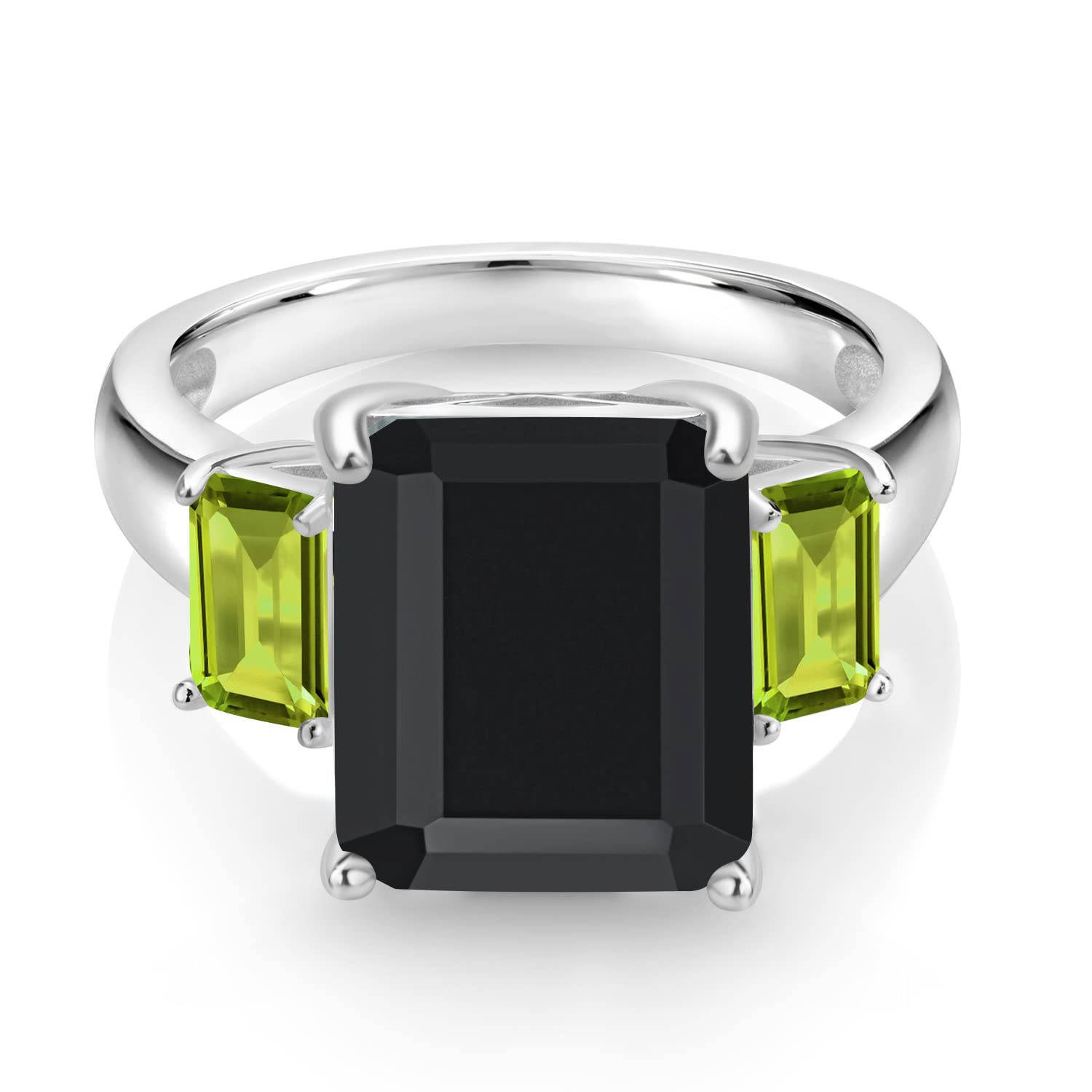 Gem Stone King 6.97 Ct Octagon Black Onyx Green Peridot 925 Sterling Silver 3-Stone Ring (Size 7)