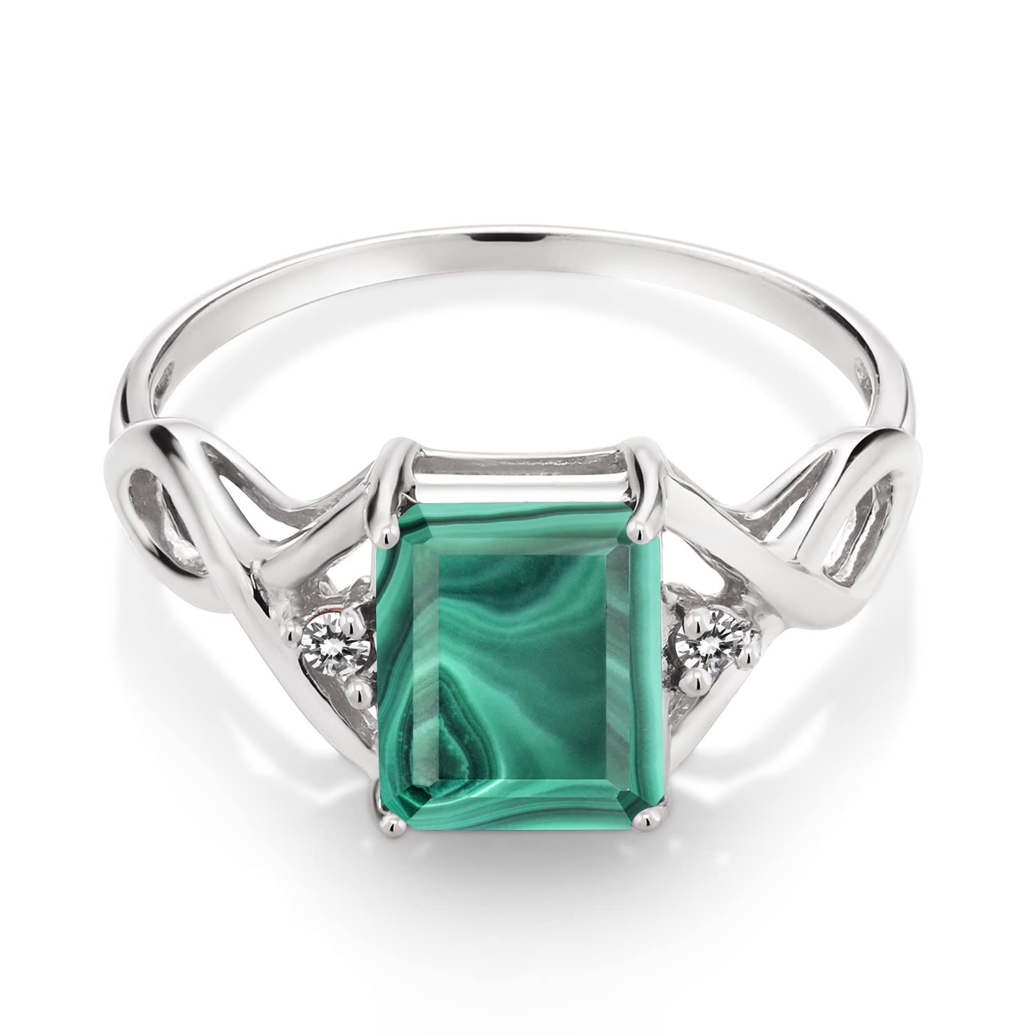 Gem Stone King 925 Sterling Silver Green Malachite and White Diamond Ring For Women (3.57 Cttw, Emerald Cut 9X7MM, Available In Size 5, 6, 7, 8, 9)