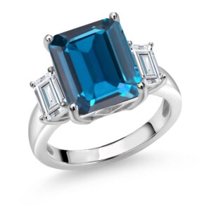 Gem Stone King 925 Sterling Silver Emerald Cut London Blue Topaz and White Moissanite 3 Stone Ring For Women (8.64 Cttw, Gemstone Birthstone, Available In Size 5, 6, 7, 8, 9)