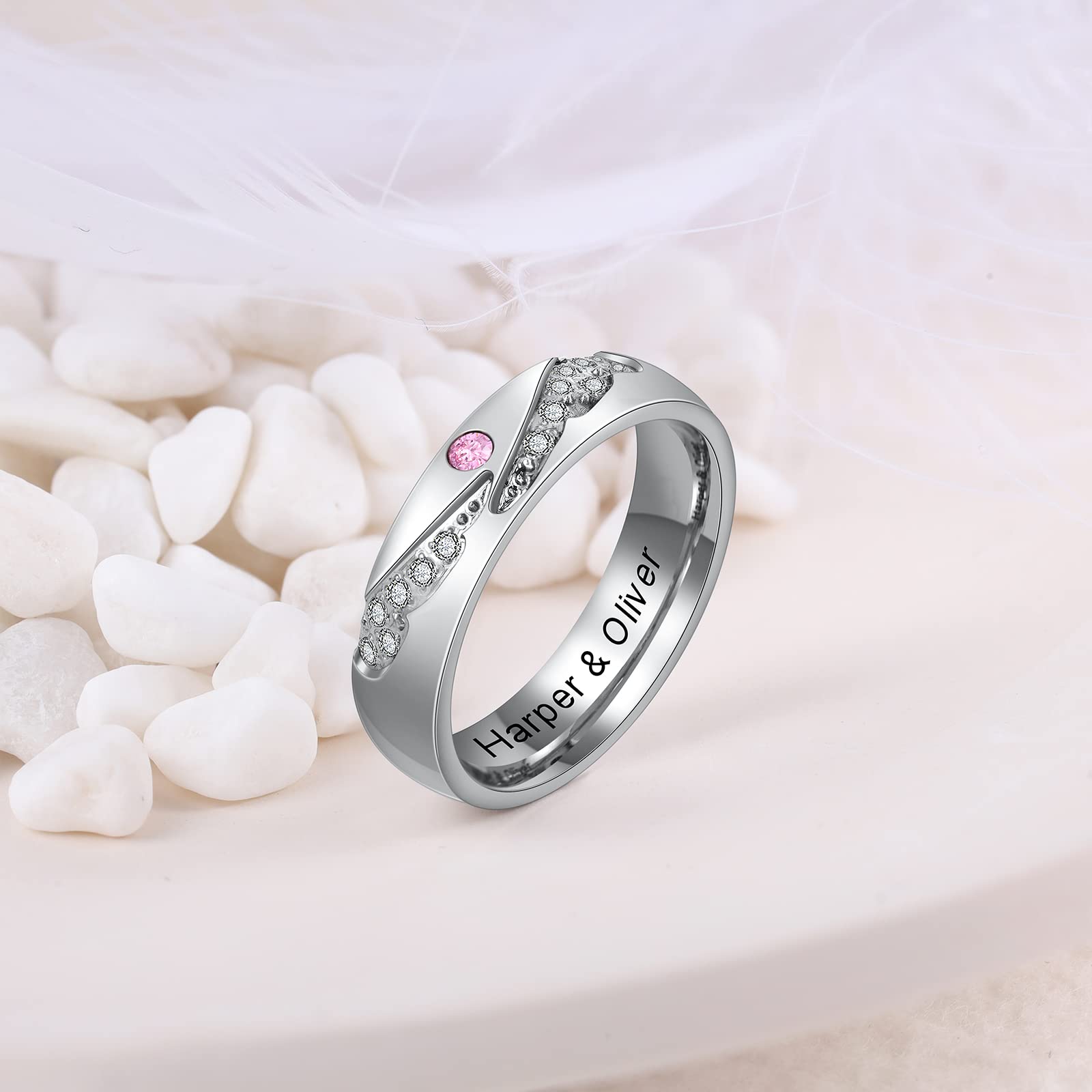 Luxladis Personalized Couples Rings Set for Him and Her Promise Rings for Couples Free Engraving Custom Name Stainless Steel Engagement Rings for Couples Valentines Day (Angelwings)