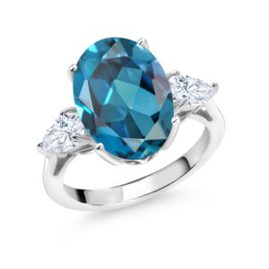 Gem Stone King 925 Sterling Silver Oval London Blue Topaz and White Moissanite 3 Stone Ring For Women (7.30 Cttw, Gemstone Birthstone, Available In Size 5, 6, 7, 8, 9)