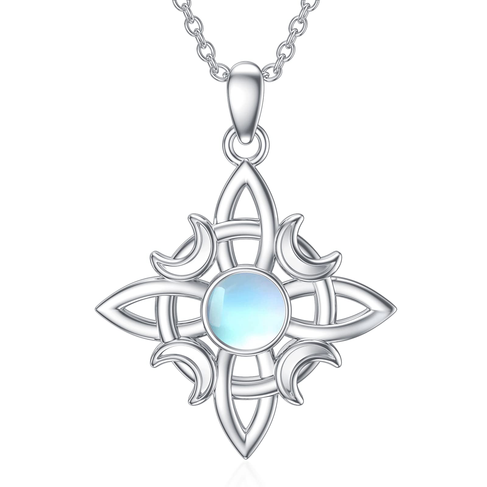 LONAGO Witches Knot Synthetic Moonstone Necklace 925 Sterling Silver Wicca Moon Irish Celtic Pendant Jewelry for Women