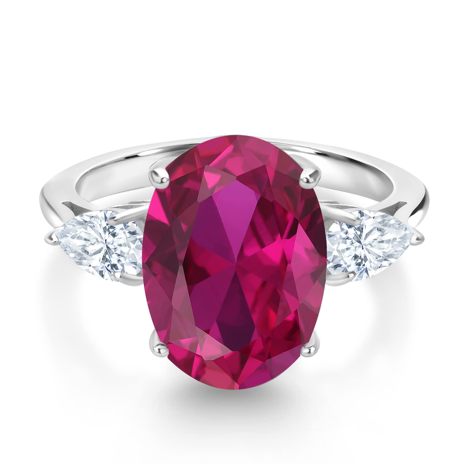 Gem Stone King 925 Sterling Silver Oval Red Created Ruby and White Moissanite 3 Stone Women Ring (3.80 Cttw, 14X10MM Oval and 6X4MM Pear Shape, Available In Size 5, 6, 7, 8, 9)