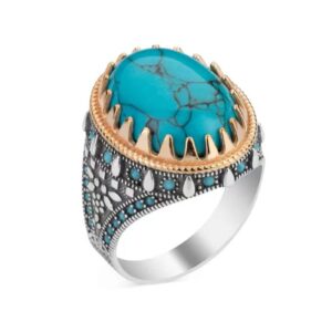 retro simulated oval turquoise statement ring uniquely stylish gothic hip hop punk promise crystal cocktail ring party jewelry gifts for women gold silver two tone