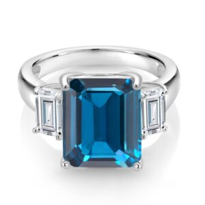 Gem Stone King 925 Sterling Silver Emerald Cut London Blue Topaz and White Moissanite 3 Stone Ring For Women (8.64 Cttw, Gemstone Birthstone, Available In Size 5, 6, 7, 8, 9)