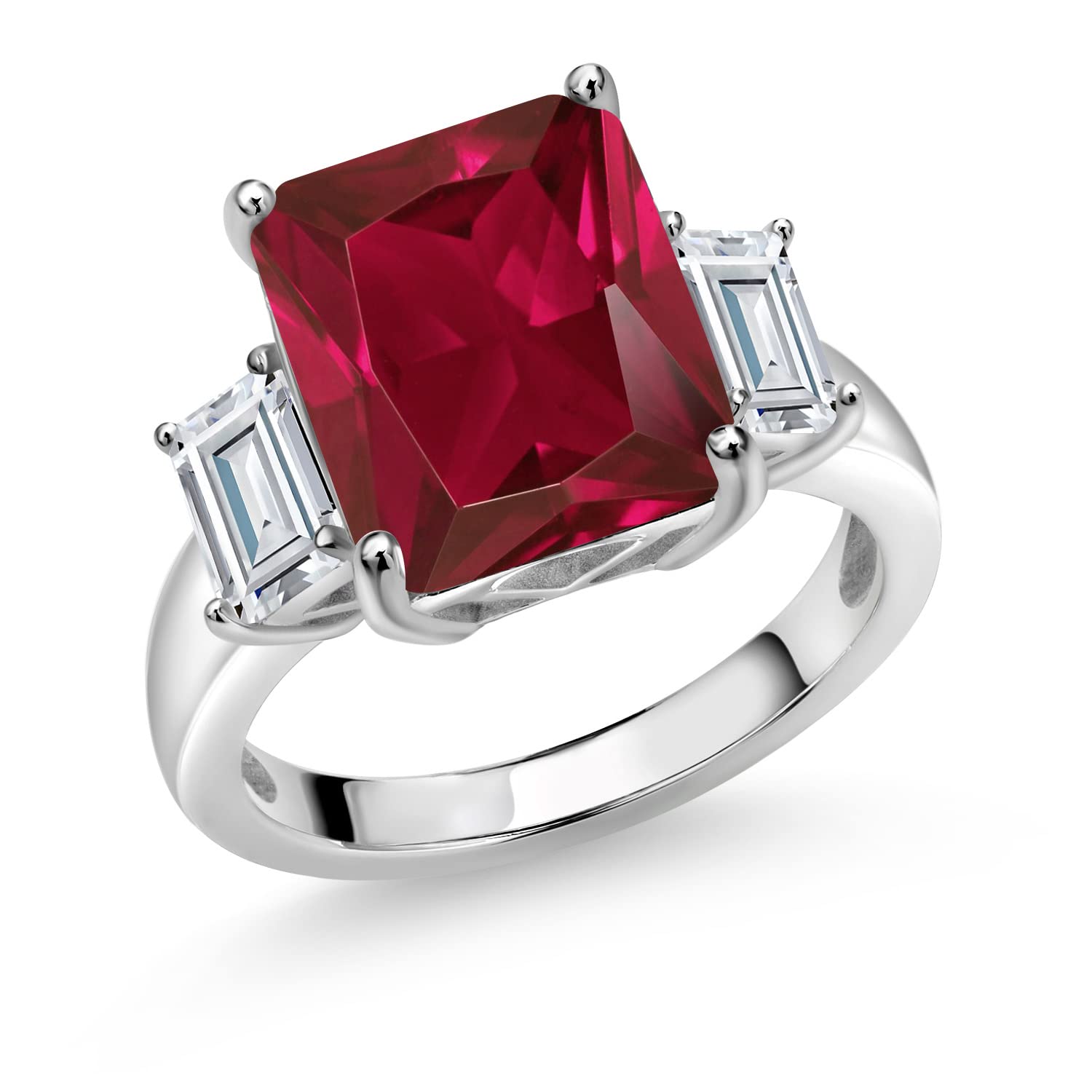 Gem Stone King 925 Sterling Silver Red Created Ruby and White Moissanite 3 Stone Ring For Women (6.84 Cttw, Available In Size 5, 6, 7, 8, 9)