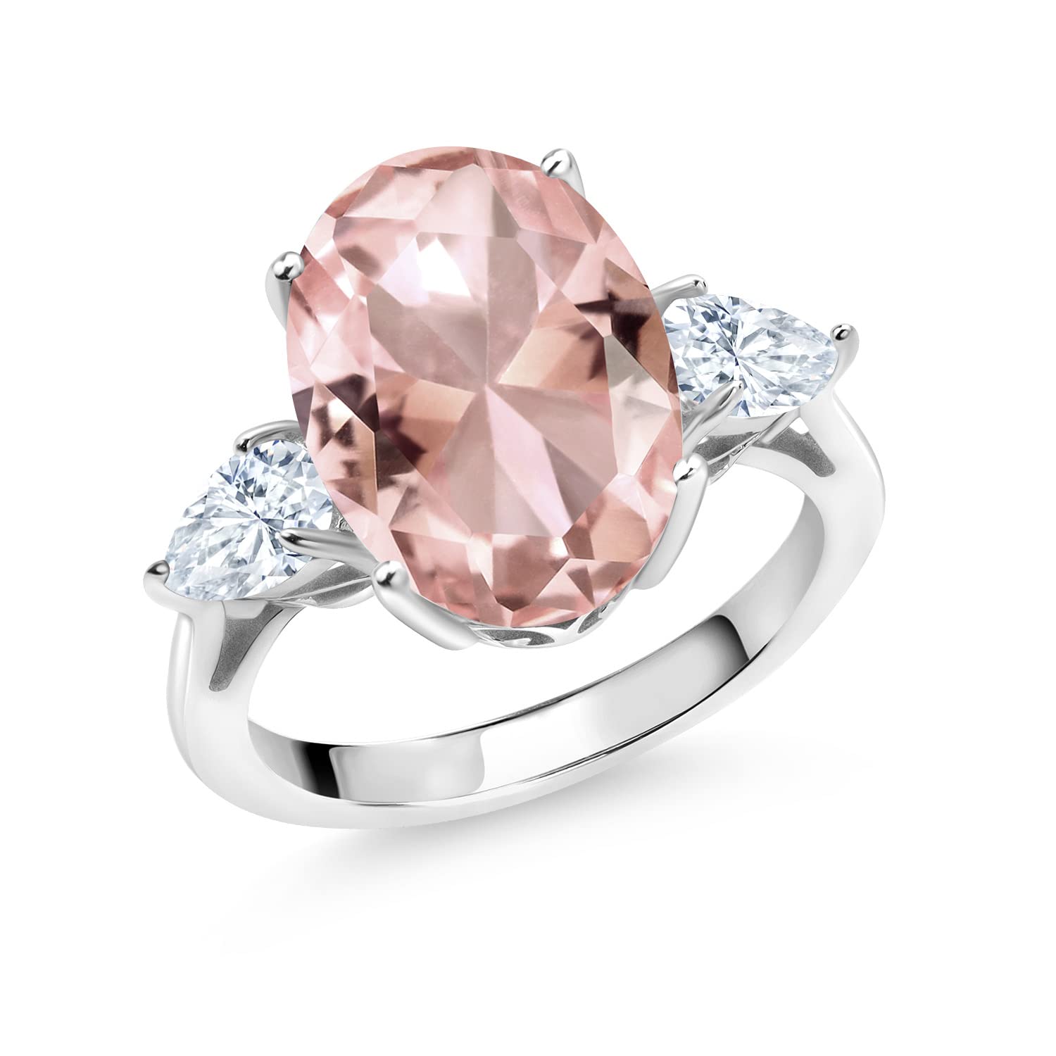 Gem Stone King 925 Sterling Silver Oval Peach Nano Morganite and White Moissanite 3 Stone Ring For Women (10.00 Cttw, Available In Size 5, 6, 7, 8, 9)