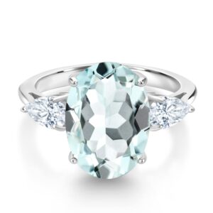 Gem Stone King 925 Sterling Silver Oval Sky Blue Simulated Aquamarine and White Moissanite 3 Stone Ring For Women (6.50 Cttw, Available In Size 5, 6, 7, 8, 9)