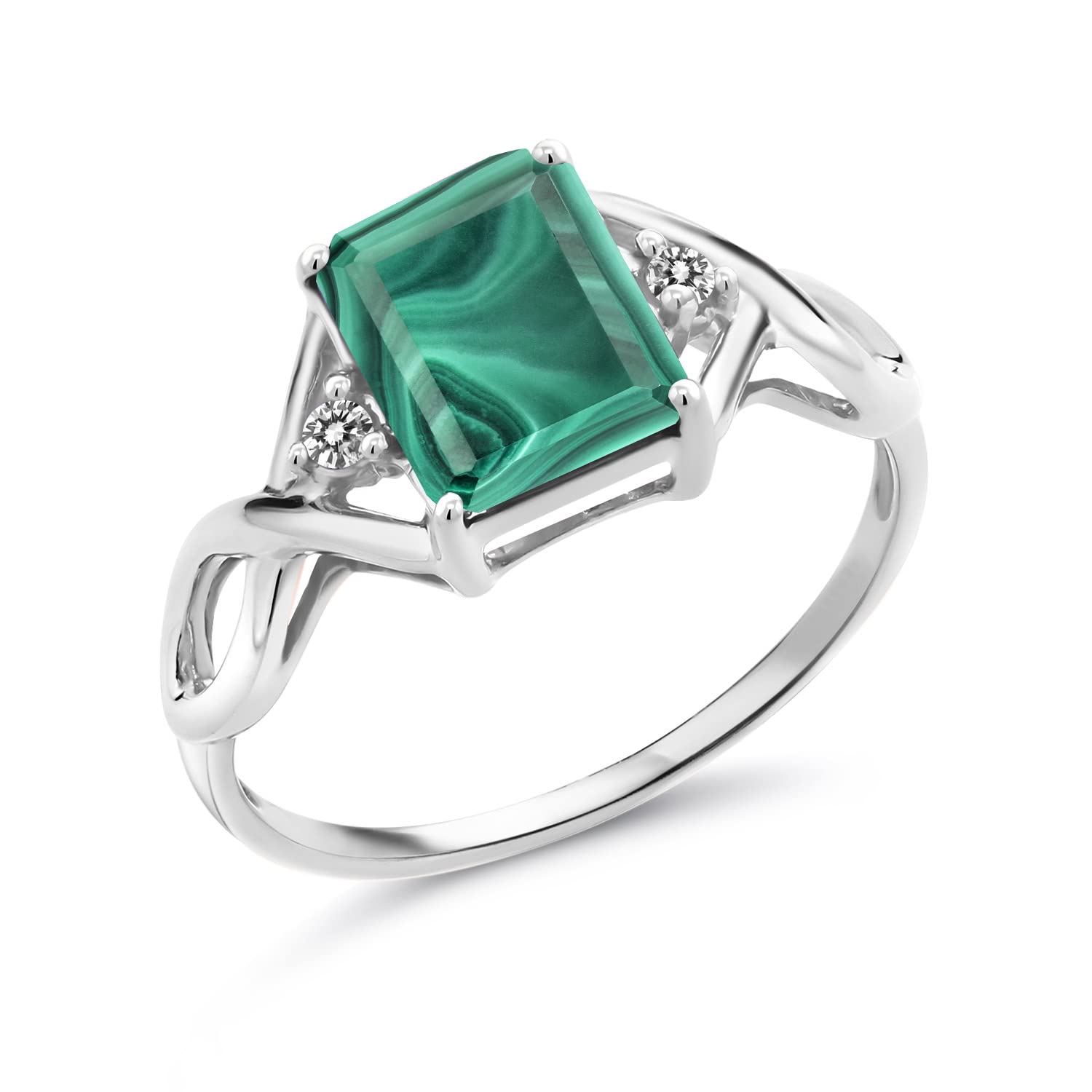 Gem Stone King 925 Sterling Silver Green Malachite and White Diamond Ring For Women (3.57 Cttw, Emerald Cut 9X7MM, Available In Size 5, 6, 7, 8, 9)