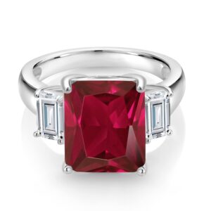 Gem Stone King 925 Sterling Silver Red Created Ruby and White Moissanite 3 Stone Ring For Women (6.84 Cttw, Available In Size 5, 6, 7, 8, 9)