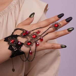 Missgrace Women Vintage Halloween Cosplay Retro Gothic Punk Tassel Black Lace Bracelet Finger Rings Dangle Gloves Bracelet Charm Red Rhinestones Crystals Bracelet for Women