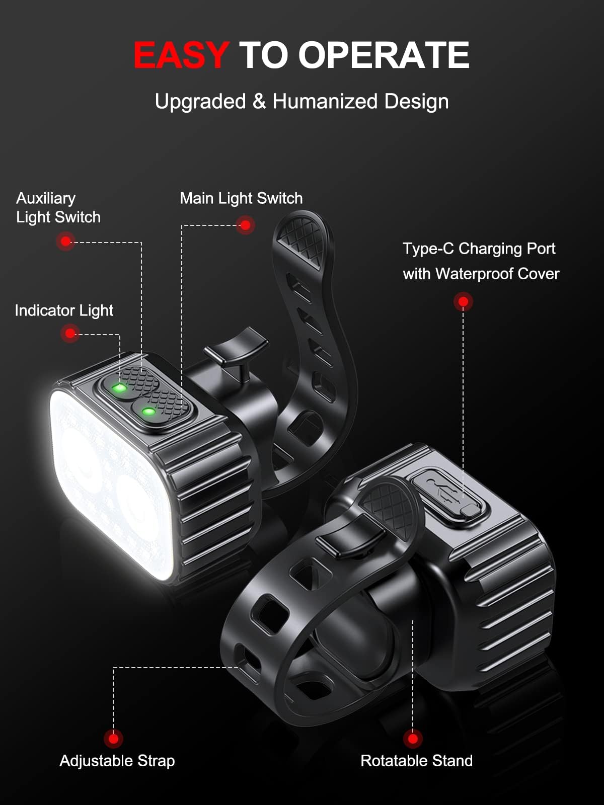 Cuvccn Bike Lights, Rechargeable Bicycle Lights Set Super Bright 8+12 Modes, IPX6 Waterproof Bike Lights for Night Riding/Cycling Safety, Front and Back Taillight Reflectors, 58 Hrs Long Battery Life