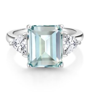 Gem Stone King 925 Sterling Silver Sky Blue Simulated Aquamarine 3 Stone Engagement Ring For Women (6.95 Cttw, Emerald Cut 12X10MM, Trillion 5MM, Available In Size 5, 6, 7, 8, 9)