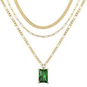 MOONLIT DEW 18K Gold Necklace for Women 3 Layered Necklaces for Women Choker CZ Emerald Birthstone Necklace for Women