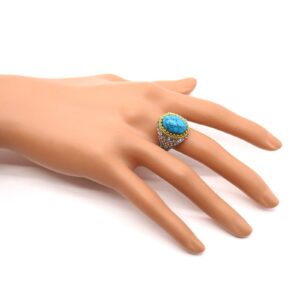 Retro Simulated Oval Turquoise Statement Ring Uniquely Stylish Gothic Hip Hop Punk Promise Crystal Cocktail Ring Party Jewelry Gifts for Women Gold Silver Two Tone