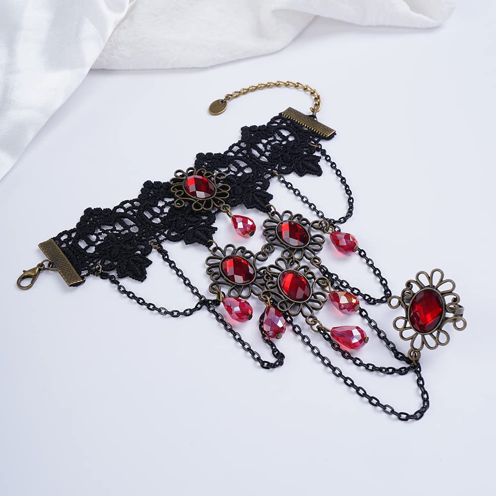 Missgrace Women Vintage Halloween Cosplay Retro Gothic Punk Tassel Black Lace Bracelet Finger Rings Dangle Gloves Bracelet Charm Red Rhinestones Crystals Bracelet for Women