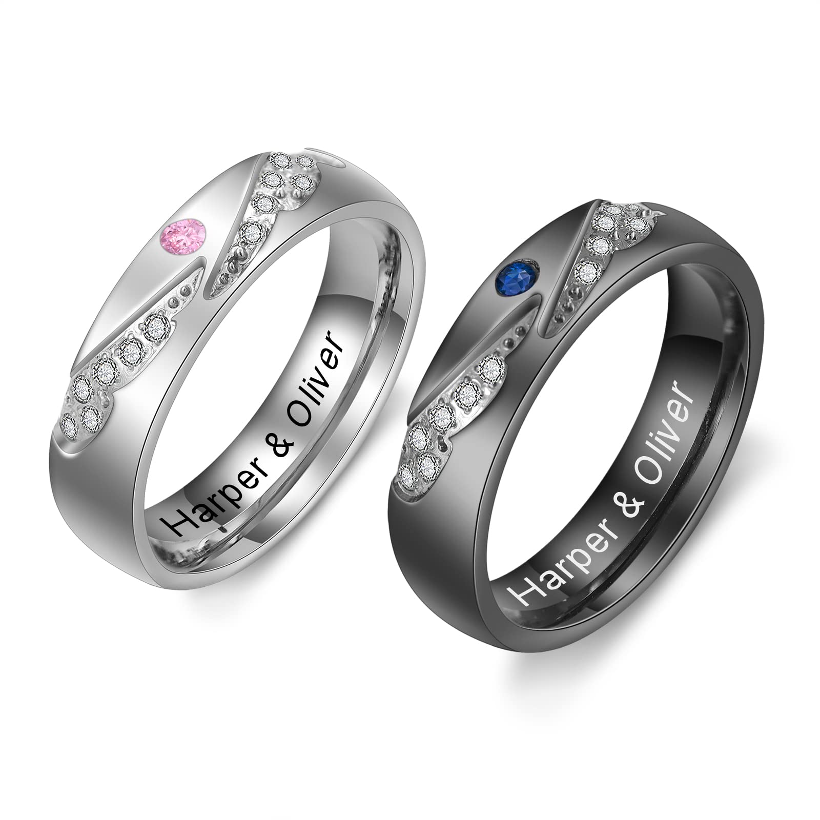 Luxladis Personalized Couples Rings Set for Him and Her Promise Rings for Couples Free Engraving Custom Name Stainless Steel Engagement Rings for Couples Valentines Day (Angelwings)