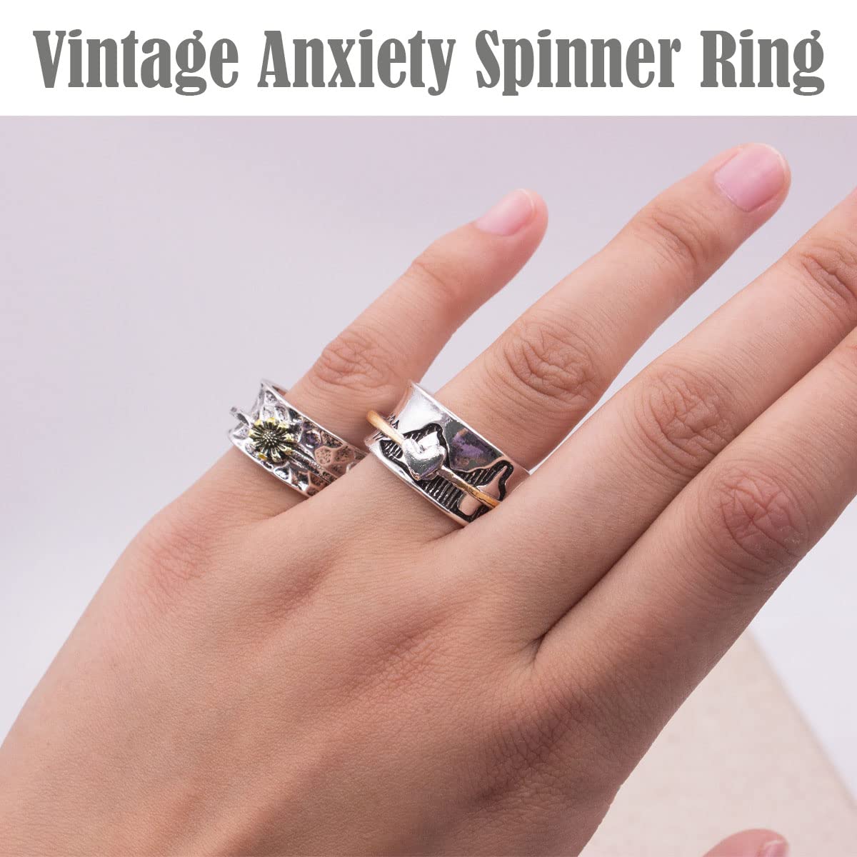 Nanafast 2PCS Vintage Anxiety Rings Keep Climbing Ring Personalized Spinner Ring Fidget Rings for Women Sunflower Spinner Ring Moon Spinner Ring Wide Chunky Band Ring Jewelry Gift Mountain Ring Set 7