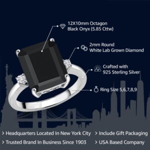 Gem Stone King 925 Sterling Silver 12X10MM Black Onyx and 2MM White Lab Grown Diamond 3 Stone Engagement Ring For Women | 5.85 Cttw | Gemstone December Birthstone | Size 7