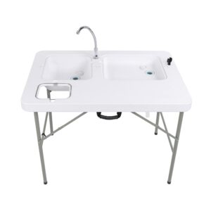 redline canyon camping sink table with dual sinks - plastic, steel, portable 32in tall fish cleaning table countertop camping kitchen with faucet