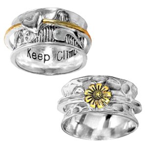 Nanafast 2PCS Vintage Anxiety Rings Keep Climbing Ring Personalized Spinner Ring Fidget Rings for Women Sunflower Spinner Ring Moon Spinner Ring Wide Chunky Band Ring Jewelry Gift Mountain Ring Set 7