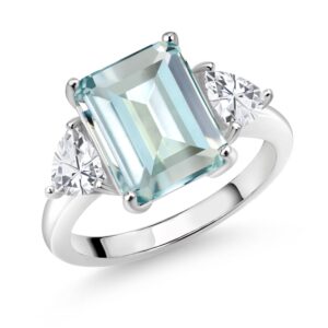 Gem Stone King 925 Sterling Silver Sky Blue Simulated Aquamarine 3 Stone Engagement Ring For Women (6.95 Cttw, Emerald Cut 12X10MM, Trillion 5MM, Available In Size 5, 6, 7, 8, 9)