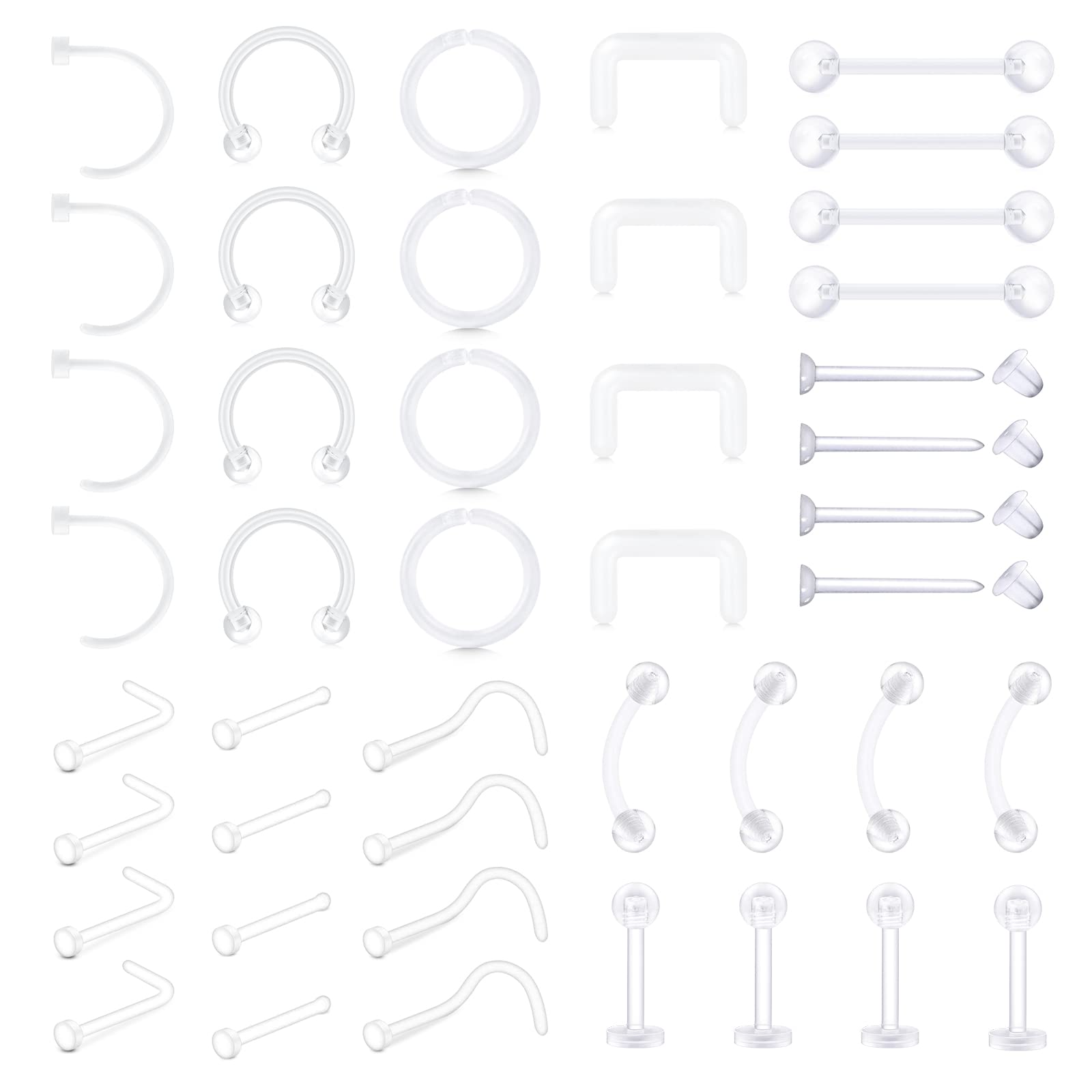 TOKRING Clear Piercing Retainer Clear Nose Studs Nose Rings Plastic Septum Retainer Lip Ear Eyebrow Tongue Nipple Cartilage Rook Daith Industrial Bar Piercing Jewelry for Work Surgery