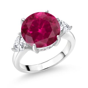 gem stone king 925 sterling silver red created ruby 3-stone ring for women (8.54 cttw, round 12mm, trillion 5mm, available in size 5, 6, 7, 8, 9)