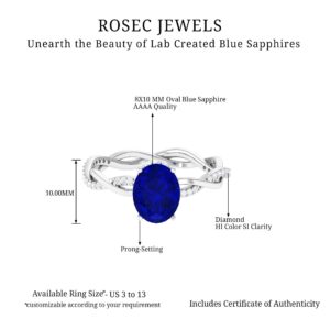 Rosec Jewels Lab Grown Blue Sapphire 8X10mm Oval Engagement Ring, AAAA Quality, Sapphire Diamond Ring (Ready to Gift), 14K White Gold, Size:US 8.50