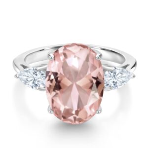 Gem Stone King 925 Sterling Silver Oval Peach Nano Morganite and White Moissanite 3 Stone Ring For Women (10.00 Cttw, Available In Size 5, 6, 7, 8, 9)