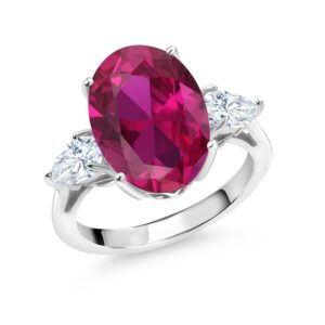 Gem Stone King 925 Sterling Silver Oval Red Created Ruby and White Moissanite 3 Stone Women Ring (3.80 Cttw, 14X10MM Oval and 6X4MM Pear Shape, Available In Size 5, 6, 7, 8, 9)