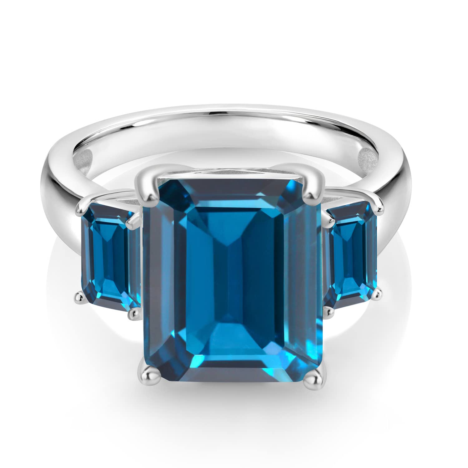 Gem Stone King 8.82 Cttw London Blue Topaz 3-Stone Ring For Women In 925 Sterling Silver | Gemstone Birthstone | Emerald Cut 12X10MM and 6X4MM | Available In Size 5, 6, 7, 8, 9