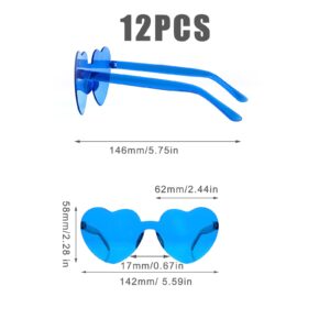 KINBOM 12pcs Heart Shaped Rimless Sunglasses, Love Heart Transparent Tinted Sunglasses Frameless Candy Color Eyewear for Women Party Cosplay (Blue)