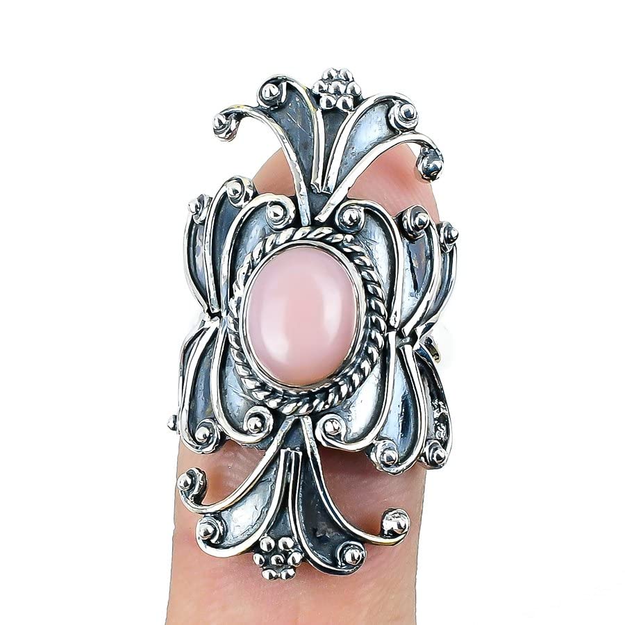 AUDRIELLE 925 Sterling Silver Ring, Pink Opal Oval Shape Handmade Gemstone, Adjustable