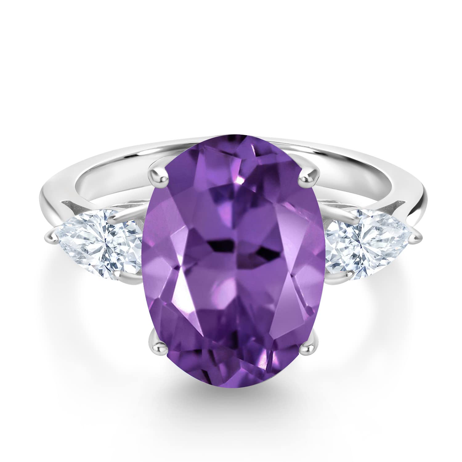 Gem Stone King 7.80 Cttw 925 Sterling Silver Oval Purple Amethyst and White Moissanite 3-Stone Ring For Women | Gemstone Birthstone | Available In Size 5, 6, 7, 8, 9