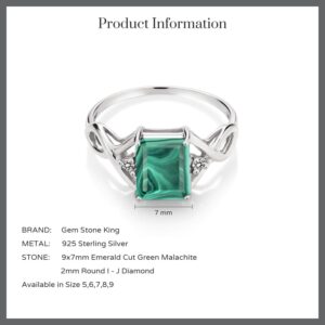 Gem Stone King 925 Sterling Silver Green Malachite and White Diamond Ring For Women (3.57 Cttw, Emerald Cut 9X7MM, Available In Size 5, 6, 7, 8, 9)