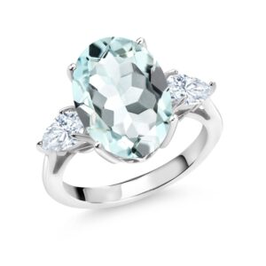 Gem Stone King 925 Sterling Silver Oval Sky Blue Simulated Aquamarine and White Moissanite 3 Stone Ring For Women (6.50 Cttw, Available In Size 5, 6, 7, 8, 9)