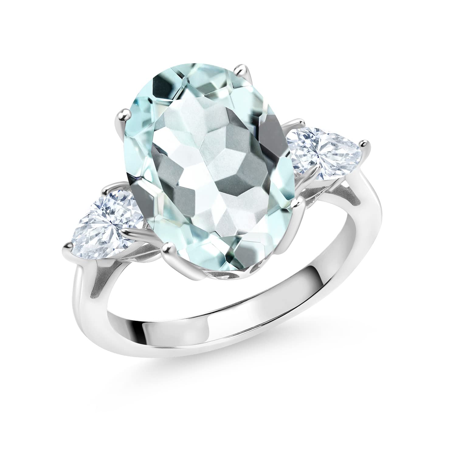 Gem Stone King 925 Sterling Silver Oval Sky Blue Simulated Aquamarine and White Moissanite 3 Stone Ring For Women (6.50 Cttw, Available In Size 5, 6, 7, 8, 9)