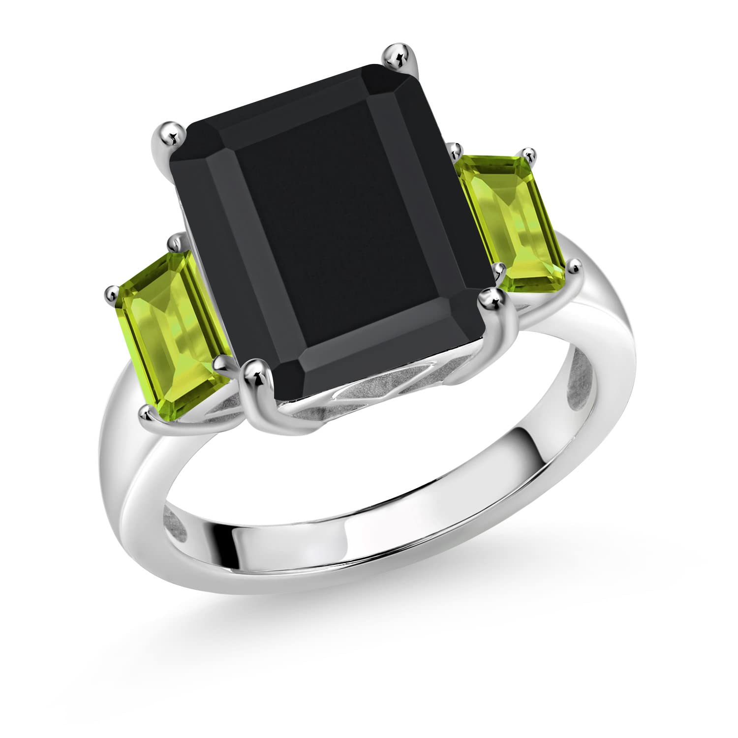 Gem Stone King 6.97 Ct Octagon Black Onyx Green Peridot 925 Sterling Silver 3-Stone Ring (Size 7)