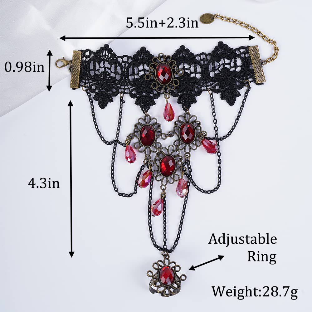 Missgrace Women Vintage Halloween Cosplay Retro Gothic Punk Tassel Black Lace Bracelet Finger Rings Dangle Gloves Bracelet Charm Red Rhinestones Crystals Bracelet for Women