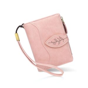 conisy small wallet for women, compact bifold leather wallet with wristlet rfid blocking womens wallet (pink)