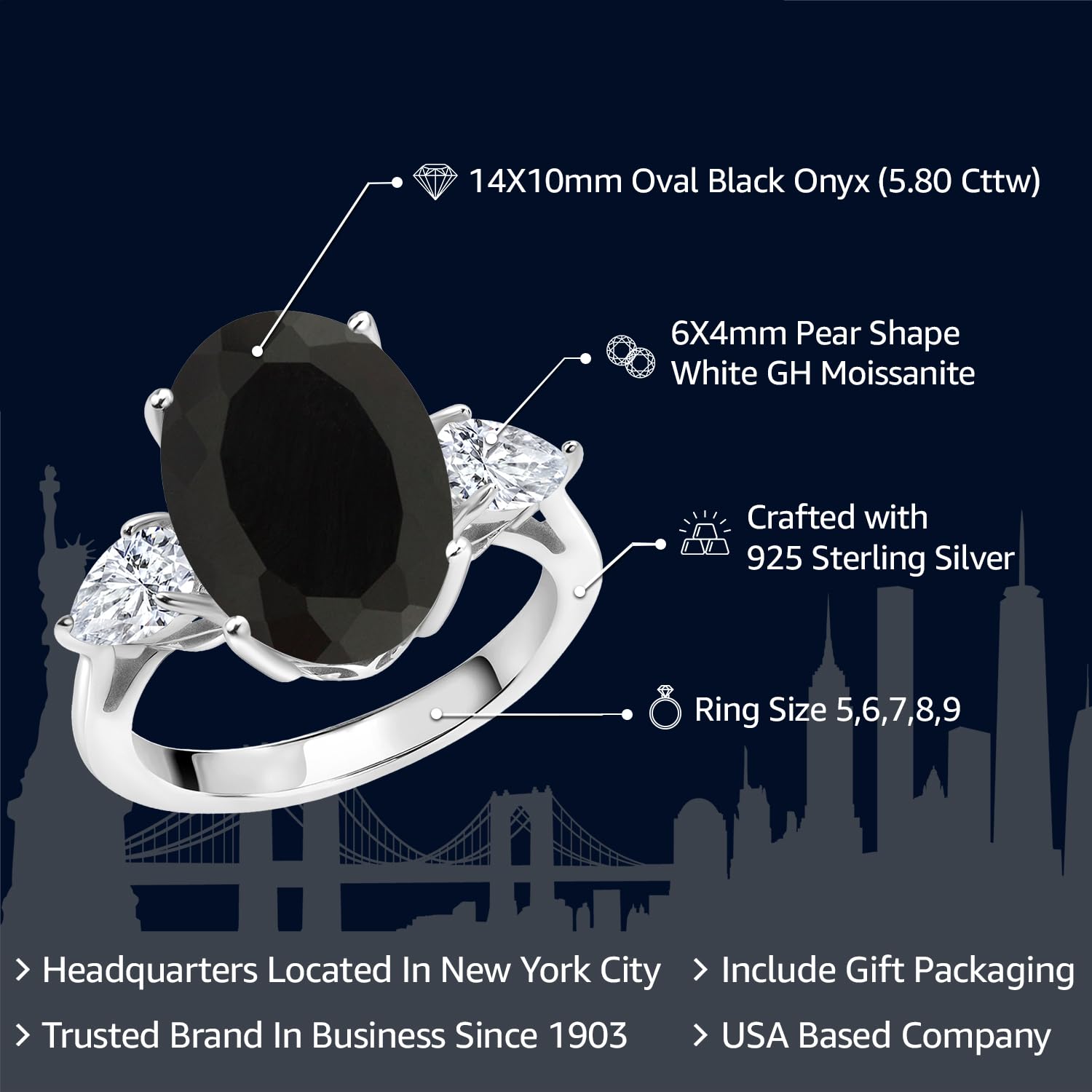 Gem Stone King 925 Sterling Silver Oval Onyx and White Moissanite 3 Stone Ring For Women (5.80 Cttw, Gemstone Birthstone, Available In Size 5, 6, 7, 8, 9)