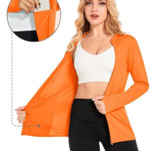 MAGCOMSEN Long Sleeve Hooded Jacket for Women SPF 50 Sun Shirt Performance Hoodie with Pockets Running Active Wear, Orange, L