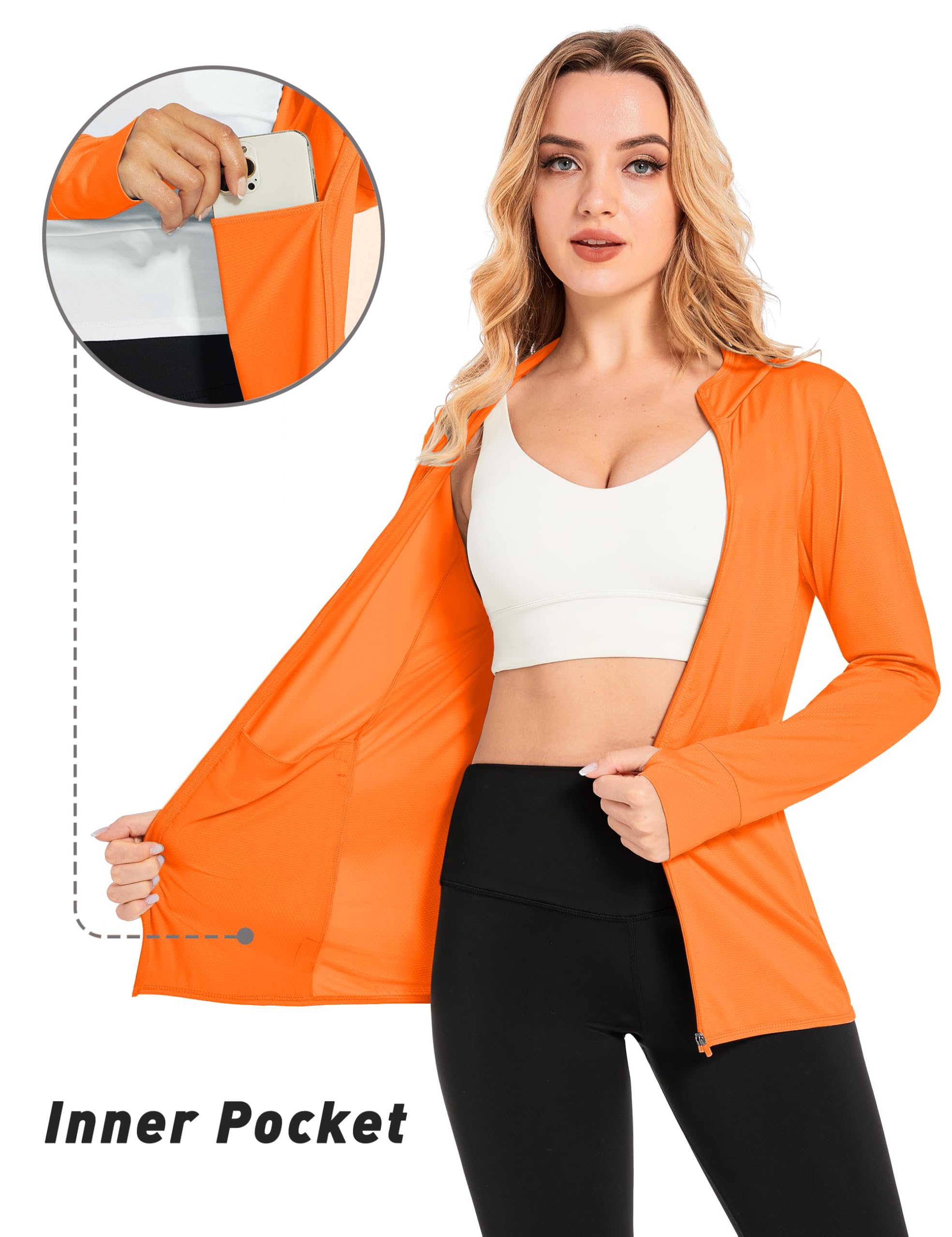 MAGCOMSEN Long Sleeve Hooded Jacket for Women SPF 50 Sun Shirt Performance Hoodie with Pockets Running Active Wear, Orange, L