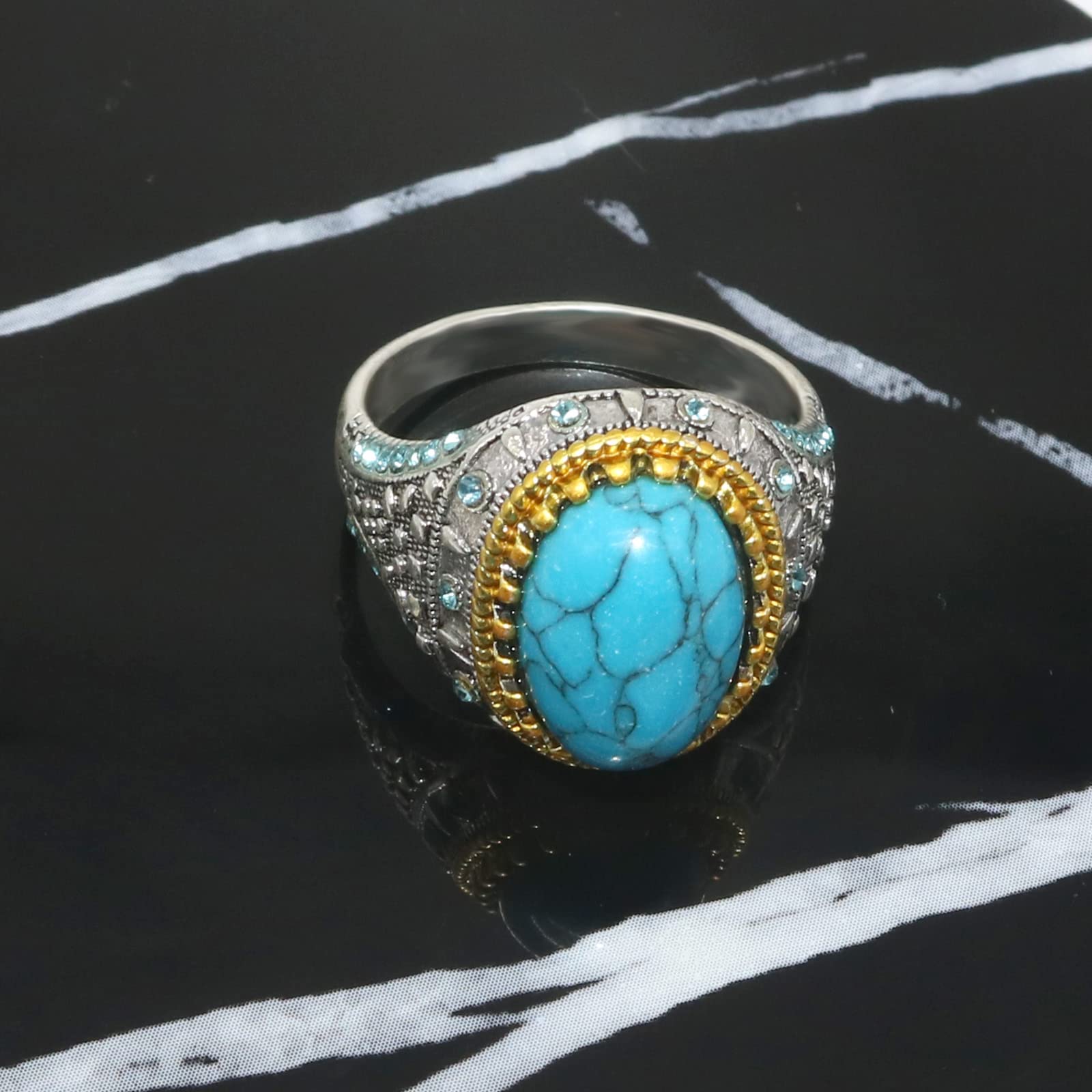 Retro Simulated Oval Turquoise Statement Ring Uniquely Stylish Gothic Hip Hop Punk Promise Crystal Cocktail Ring Party Jewelry Gifts for Women Gold Silver Two Tone