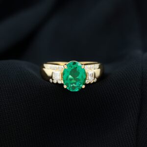 Rosec Jewels Certified Created Emerald Solitaire Engagement Ring| 7X9 MM Oval| AAAA Quality, 14K Yellow Gold, Size:US 6.00